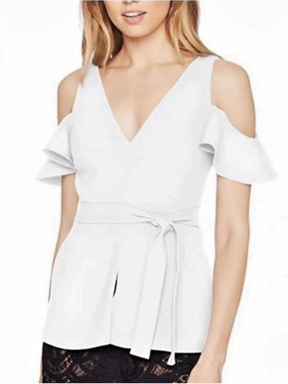 BCBGMAXAZRIA White Zip-Front Cold-Shoulder Peplum Top Size Small